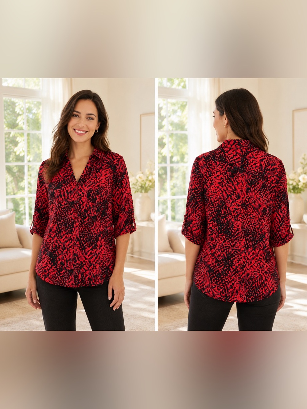 Emily Daniels Red & Black Abstract Leopard Print Button-Up Blouse Size 2X GUC